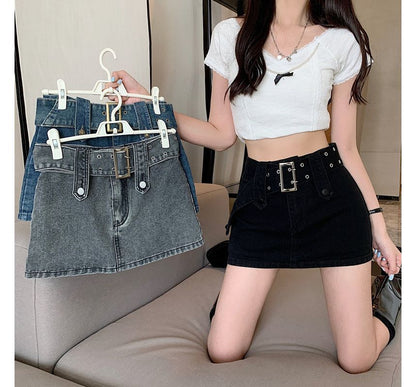 Belted Denim Mini Skirt SpreePicky