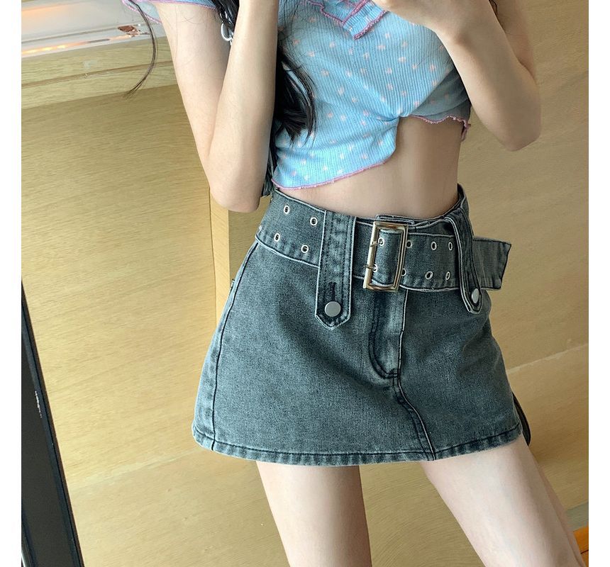 Belted Denim Mini Skirt SpreePicky