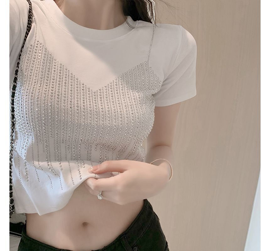 Short-Sleeve Rhinestone Cropped T-Shirt SpreePicky