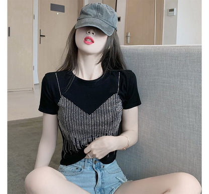 Short-Sleeve Rhinestone Cropped T-Shirt SpreePicky