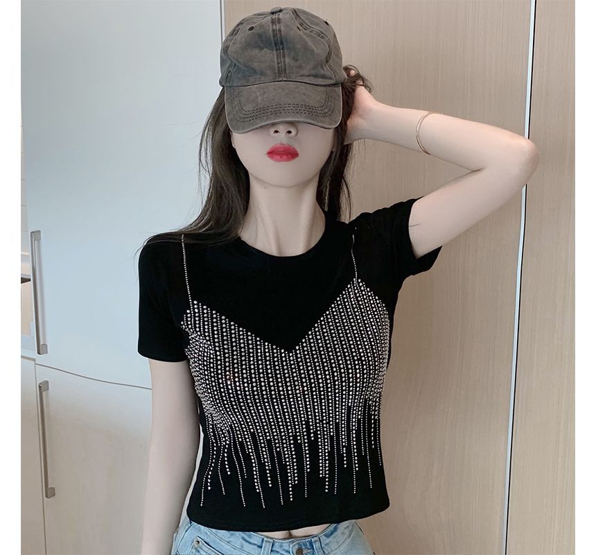 Short-Sleeve Rhinestone Cropped T-Shirt SpreePicky