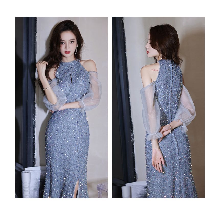 Cold-Shoulder Sequin Sheath Evening Gown SpreePicky