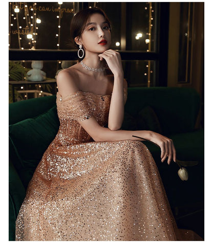 Off-Shoulder Sequin A-Line Evening Gown SpreePicky