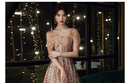 Off-Shoulder Sequin A-Line Evening Gown SpreePicky