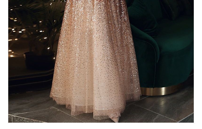 Off-Shoulder Sequin A-Line Evening Gown SpreePicky