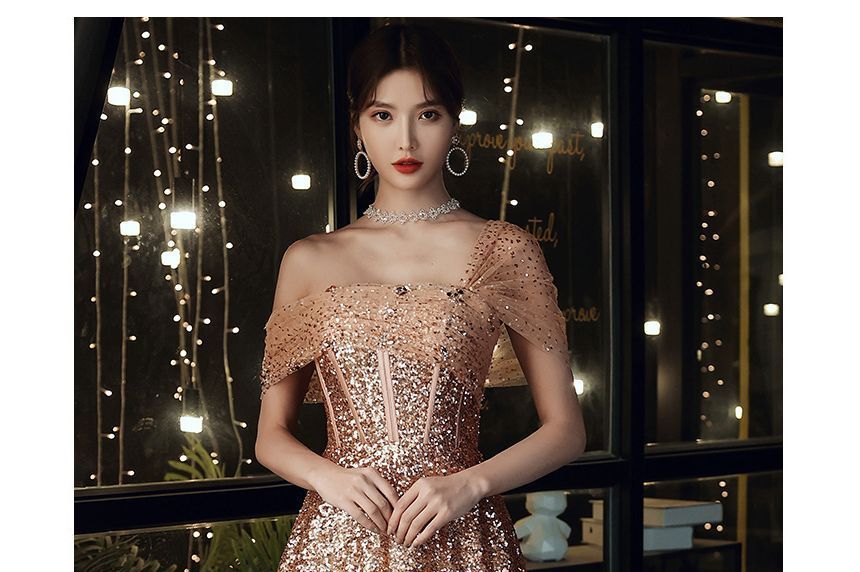 Off-Shoulder Sequin A-Line Evening Gown SpreePicky