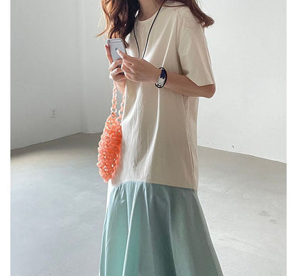 Short-Sleeve Two-Tone Midi A-Line Dress SpreePicky