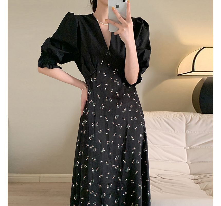 Short-Sleeve V-Neck Floral Panel Midi A-Line Dress SpreePicky