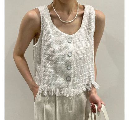 Fringed Button-Up Tweed Vest SpreePicky