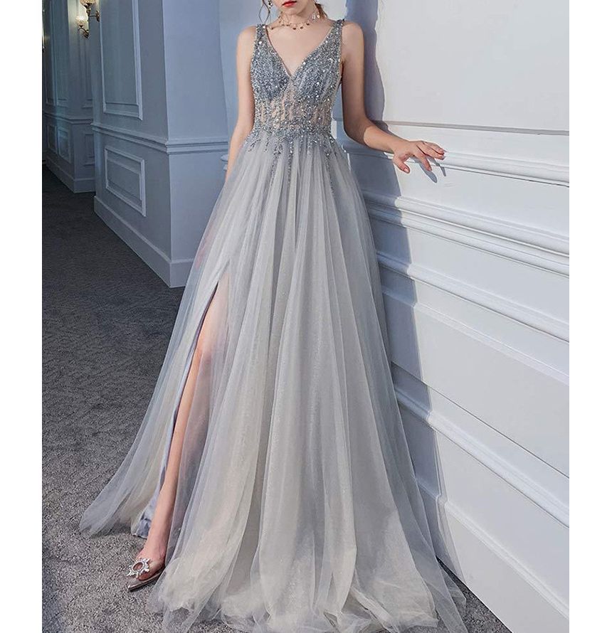 Sleeveless Embellished Mesh Slit A-Line Evening Gown SpreePicky