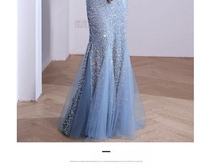 V-Neck Glitter Mermaid  Evening Gown SpreePicky