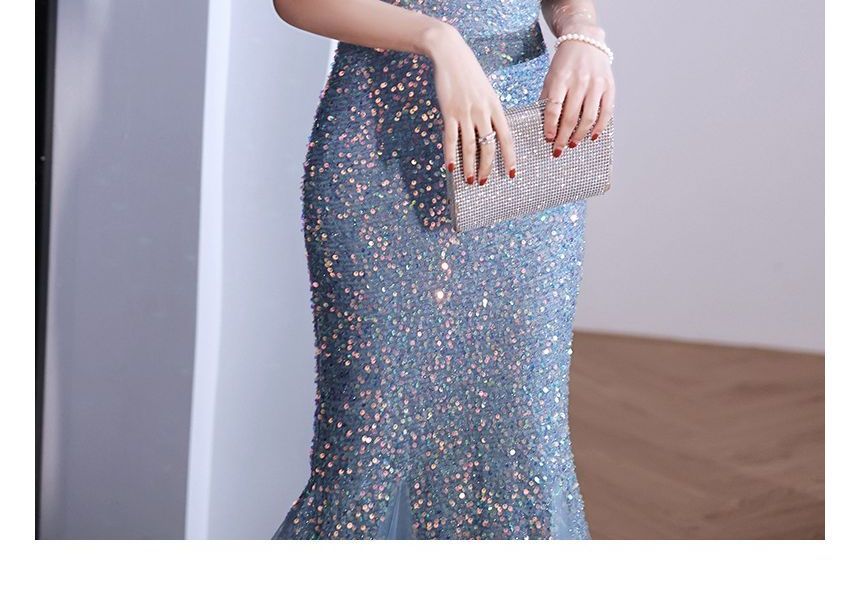 V-Neck Glitter Mermaid  Evening Gown SpreePicky