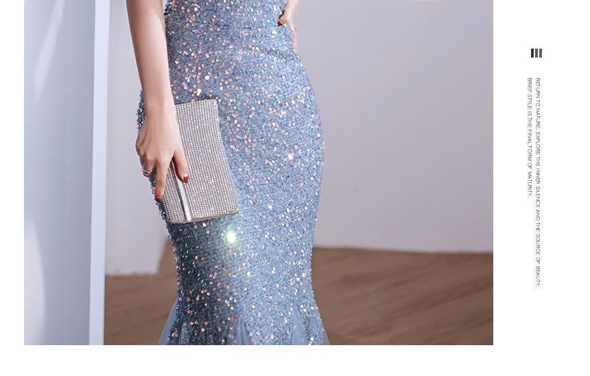 V-Neck Glitter Mermaid  Evening Gown SpreePicky