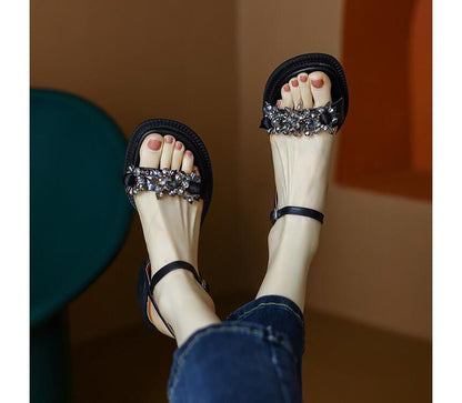 Block-Heel Genuine Leather Embellished Sandals SpreePicky