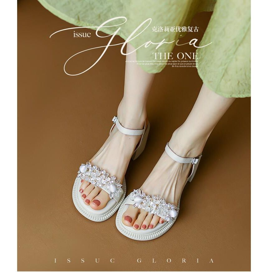 Block-Heel Genuine Leather Embellished Sandals SpreePicky