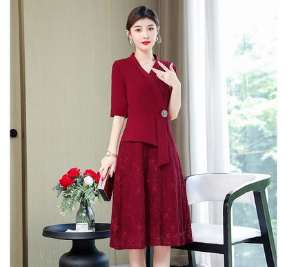 Elbow-Sleeve Lace Panel A-Line Dress SpreePicky