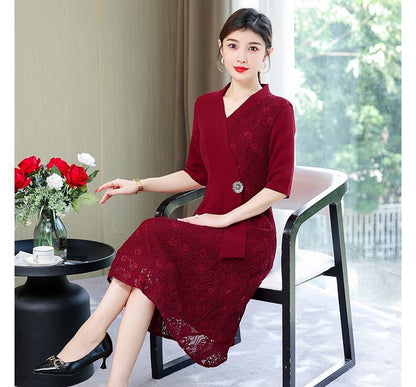 Elbow-Sleeve Lace Panel A-Line Dress SpreePicky