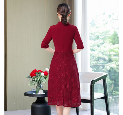 Elbow-Sleeve Lace Panel A-Line Dress SpreePicky