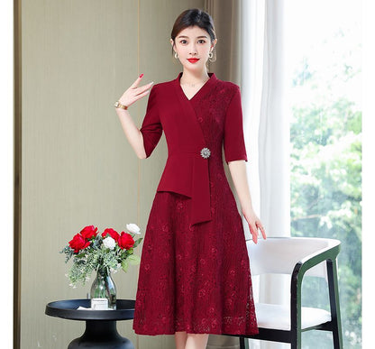 Elbow-Sleeve Lace Panel A-Line Dress SpreePicky