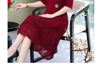 Elbow-Sleeve Lace Panel A-Line Dress SpreePicky