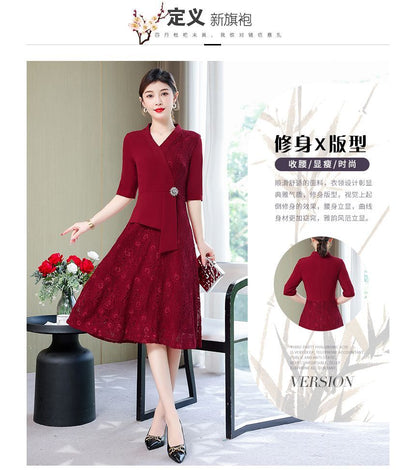 Elbow-Sleeve Lace Panel A-Line Dress SpreePicky