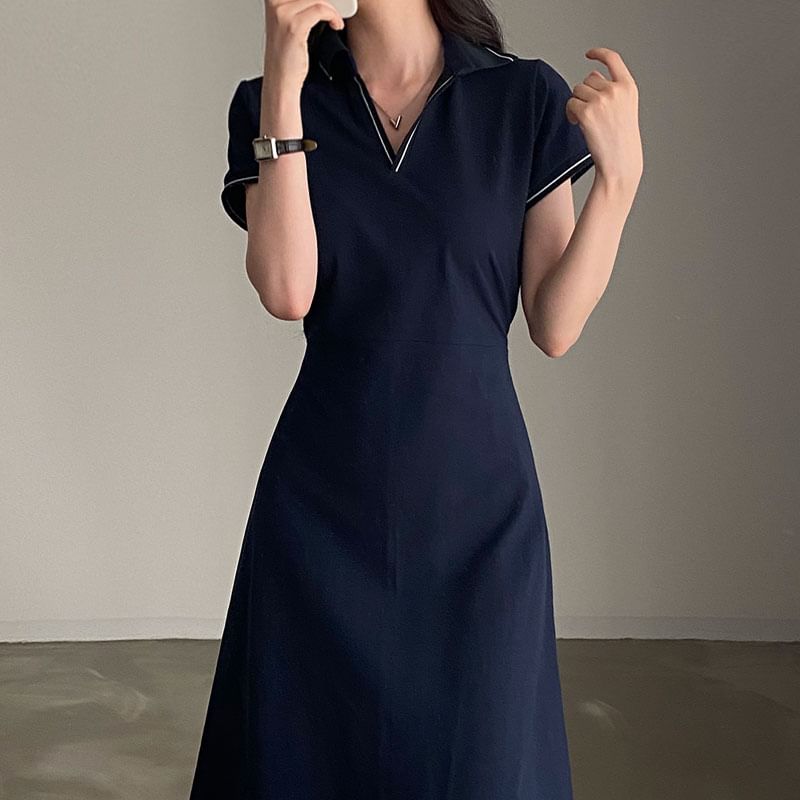 Short-Sleeve Contrast Stitching Polo Dress SpreePicky