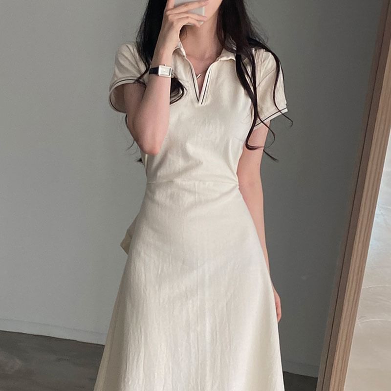 Short-Sleeve Contrast Stitching Polo Dress SpreePicky