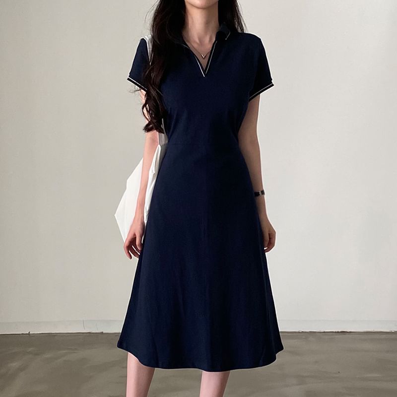 Short-Sleeve Contrast Stitching Polo Dress SpreePicky