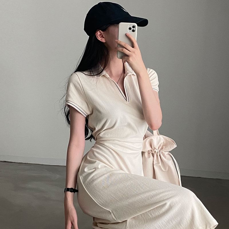 Short-Sleeve Contrast Stitching Polo Dress SpreePicky