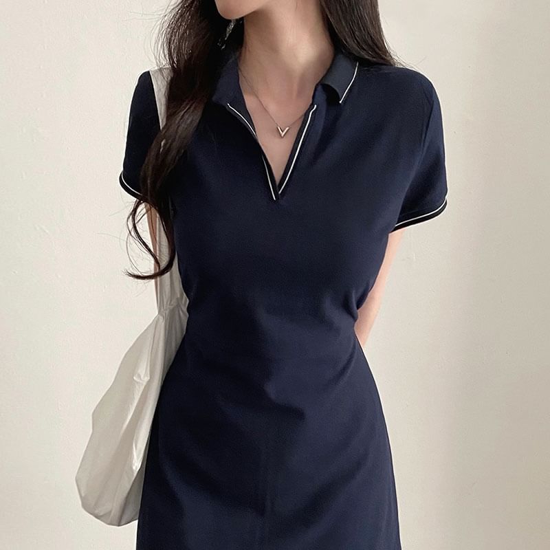 Short-Sleeve Contrast Stitching Polo Dress SpreePicky