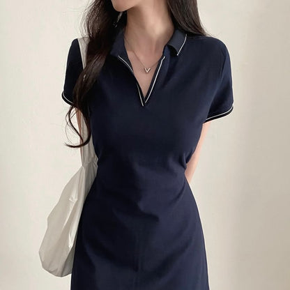 Short-Sleeve Contrast Stitching Polo Dress SpreePicky