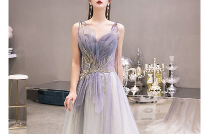 Spaghetti Strap Sweetheart Neckline Rhinestone Gradient Mesh A-Line Evening Gown SpreePicky