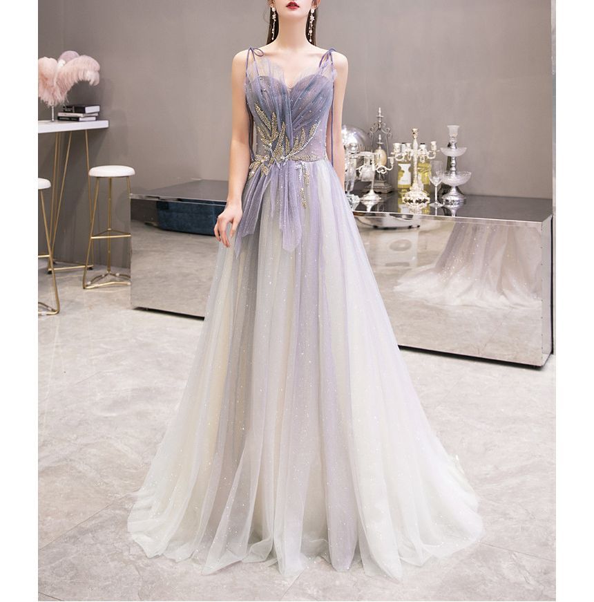 Spaghetti Strap Sweetheart Neckline Rhinestone Gradient Mesh A-Line Evening Gown SpreePicky