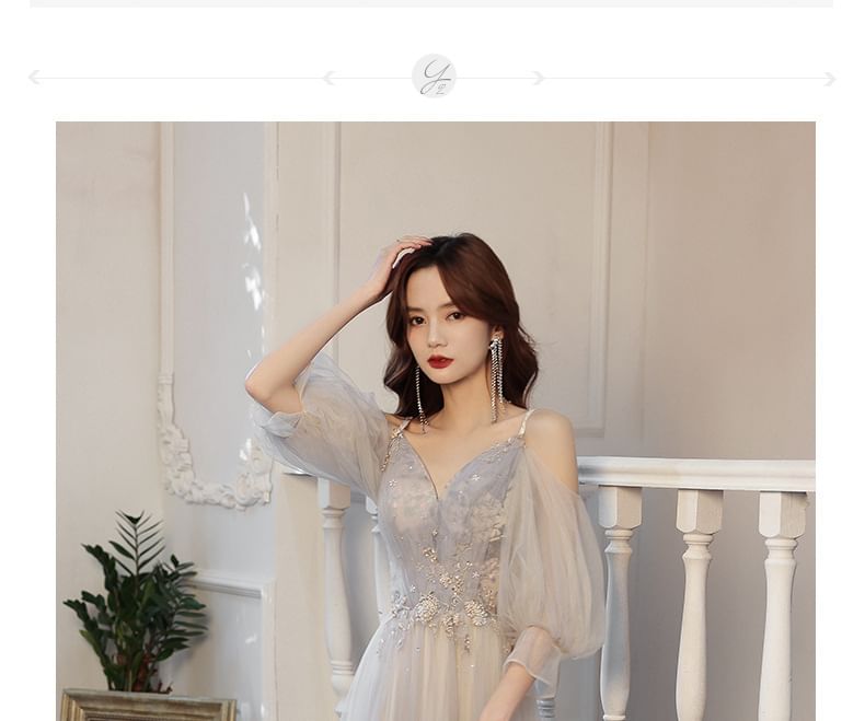 3/4-Sleeve Cold Shoulder Rhinestone Floral A-Line Evening Gown SpreePicky