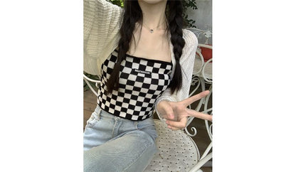 Checkerboard Knit Crop Camisole Top / Plain Pointelle Knit Open Front Bolero SpreePicky