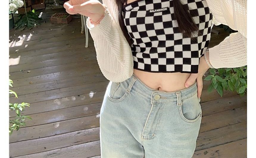 Checkerboard Knit Crop Camisole Top / Plain Pointelle Knit Open Front Bolero SpreePicky