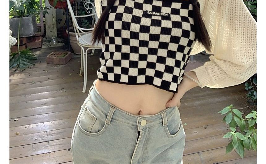 Checkerboard Knit Crop Camisole Top / Plain Pointelle Knit Open Front Bolero SpreePicky