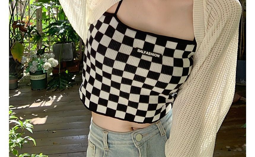 Checkerboard Knit Crop Camisole Top / Plain Pointelle Knit Open Front Bolero SpreePicky