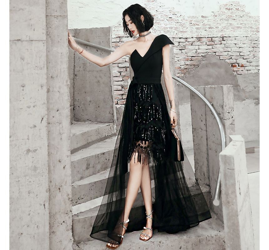One-Shoulder Sequin Fringed High Low Evening Gown FashionChic