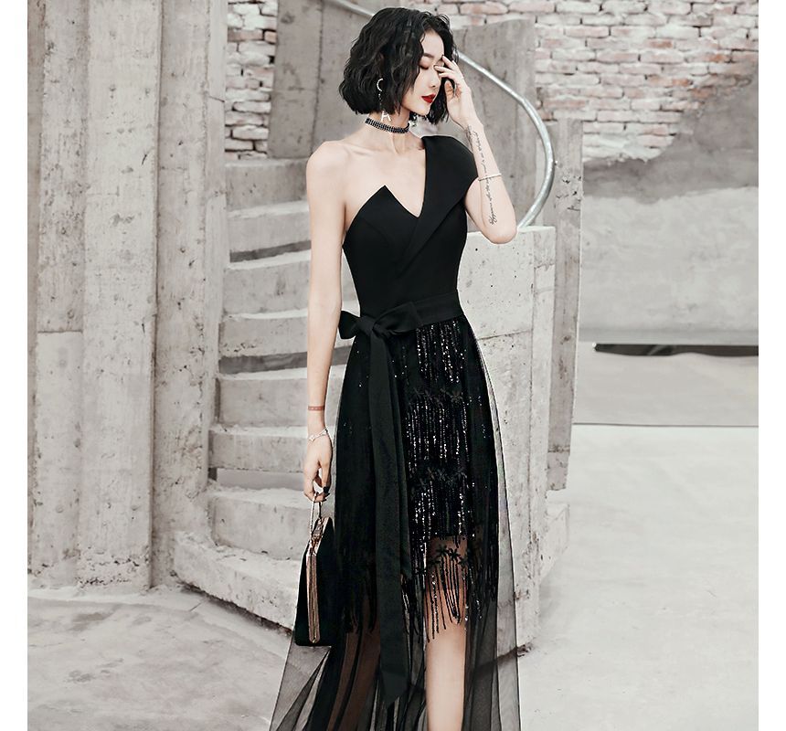 One-Shoulder Sequin Fringed High Low Evening Gown FashionChic