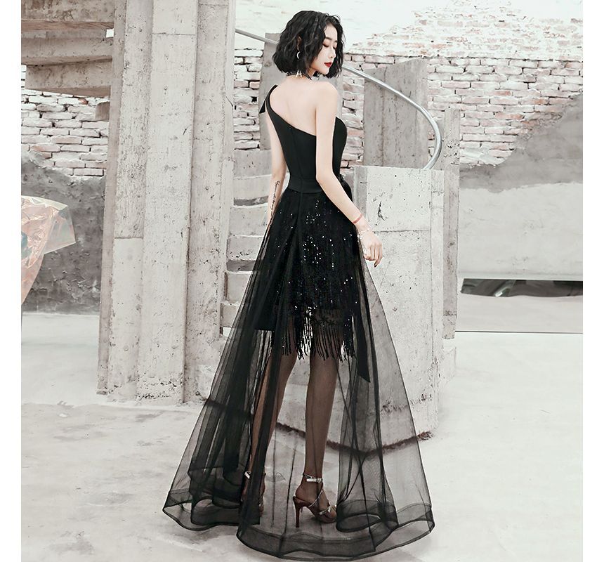 One-Shoulder Sequin Fringed High Low Evening Gown FashionChic