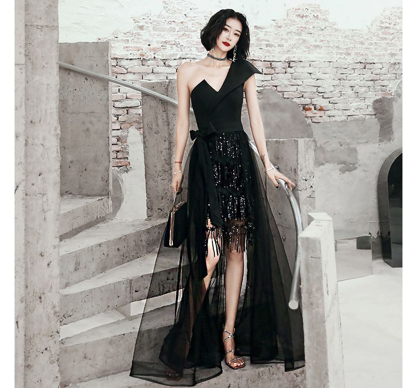 One-Shoulder Sequin Fringed High Low Evening Gown FashionChic