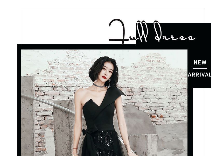 One-Shoulder Sequin Fringed High Low Evening Gown FashionChic