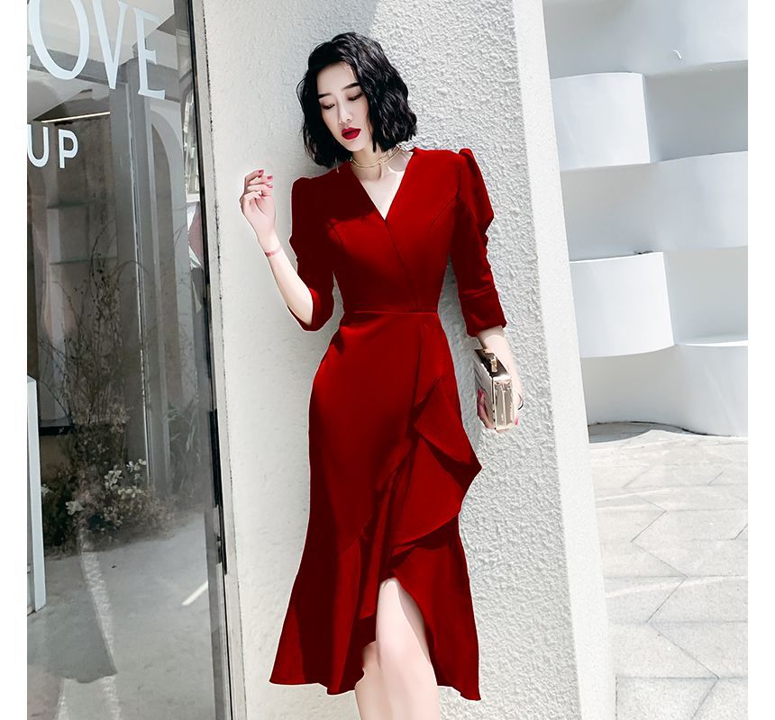 3/4-Sleeve V-Neck Ruffle Asymmetrical Mermaid Cocktail Dress SpreePicky