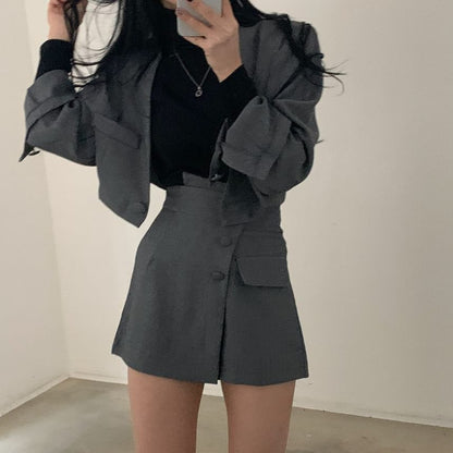 Set: Single-Button Cropped Plain Blazer + Buttoned Mini Skirt mySite