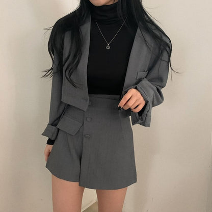 Set: Single-Button Cropped Plain Blazer + Buttoned Mini Skirt mySite