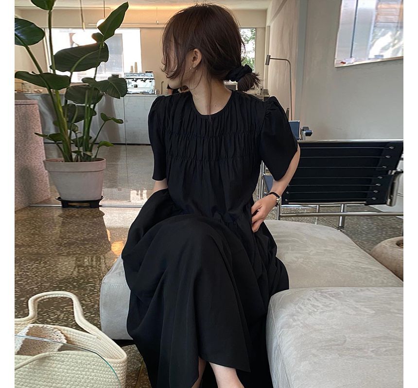 Short-Sleeve Crew Neck Plain Midi A-Line Dress SpreePicky