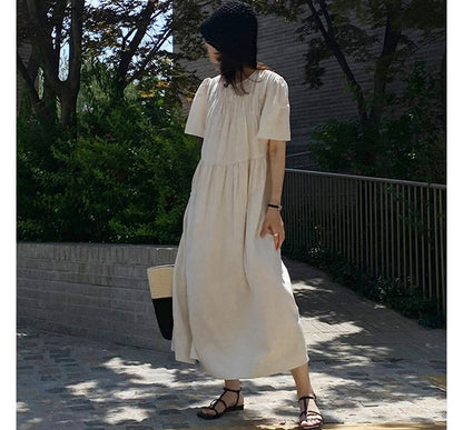 Short-Sleeve Crew Neck Plain Midi A-Line Dress SpreePicky