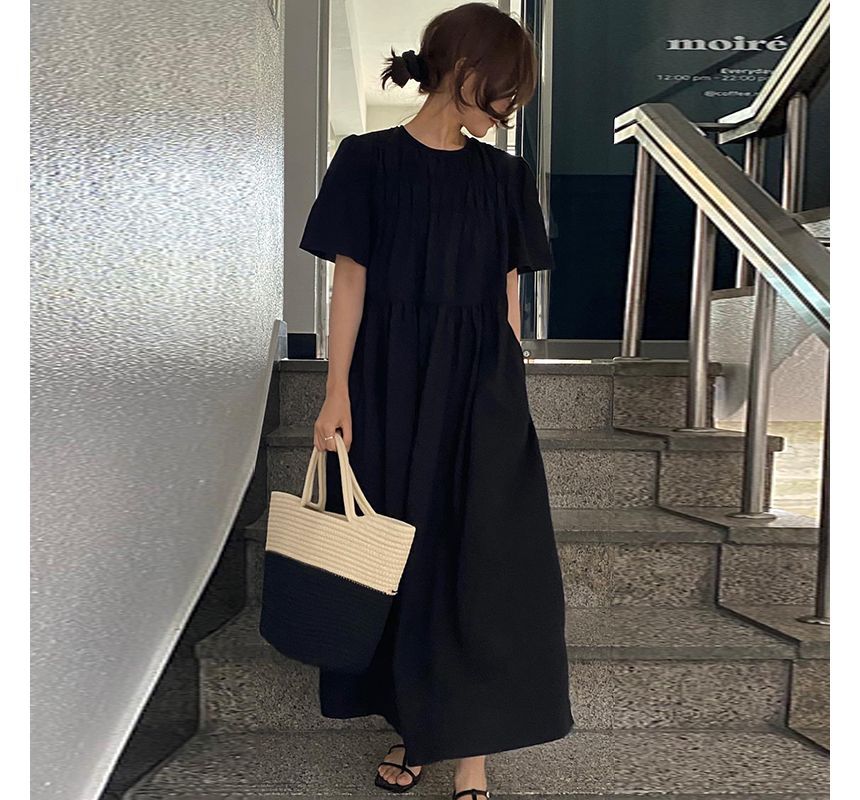 Short-Sleeve Crew Neck Plain Midi A-Line Dress SpreePicky