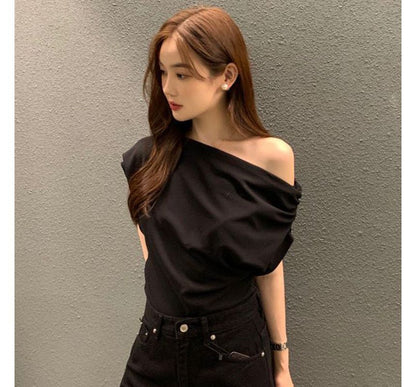 Cap-Sleeve Off-Shoulder Plain Asymmetrical Top SpreePicky